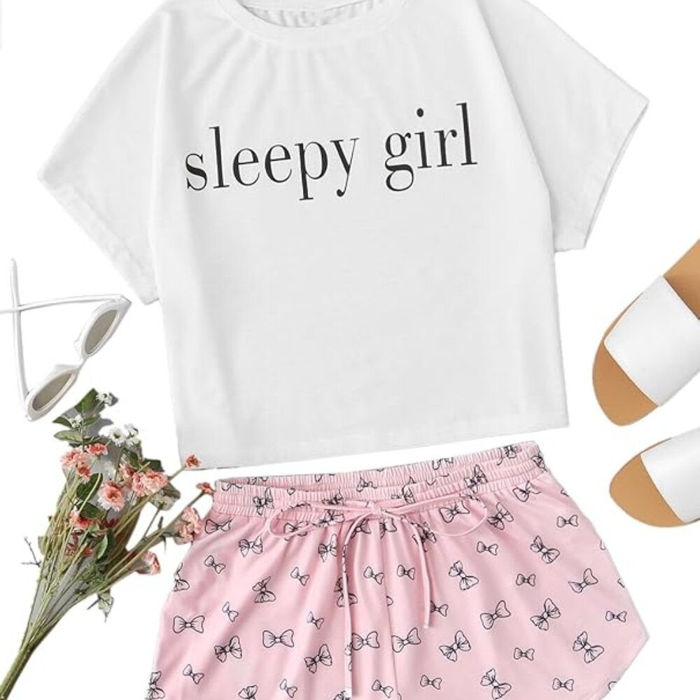 NEW DIDK Women's Short Sleeve Cute Print Tee and Shorts Sleepwear Pajama Set XXL
